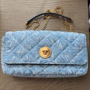 Versace Light Blue Quilted Shoulder Bag with Gold Accents